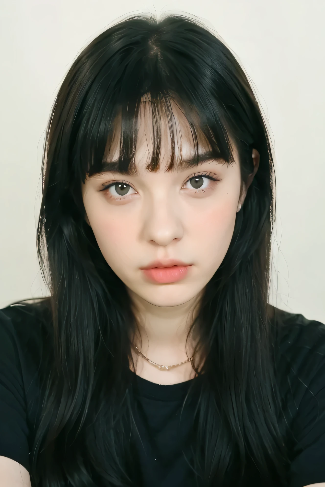 1girl, solo, long hair, looking at viewer, bangs, black hair, short sleeves, upper body, blunt bangs, lips, fingernails, finger to mouth, portrait
