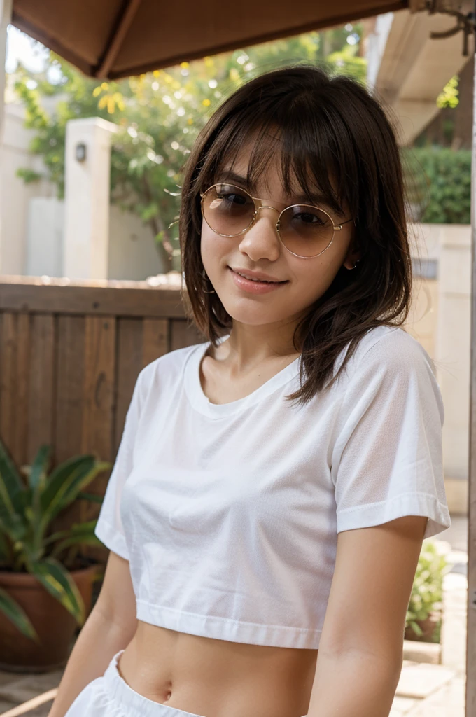 a beautifull 15 years old girl, wearing a sunglasses,smlie face, white skin, masterpiece, textured skin, super detail, high details, high quality, 8k, bangs hairstyle,
wearing a shirt, stomuch visible, stomuch visible, small skirt, wearing a eyer rings, wet body,