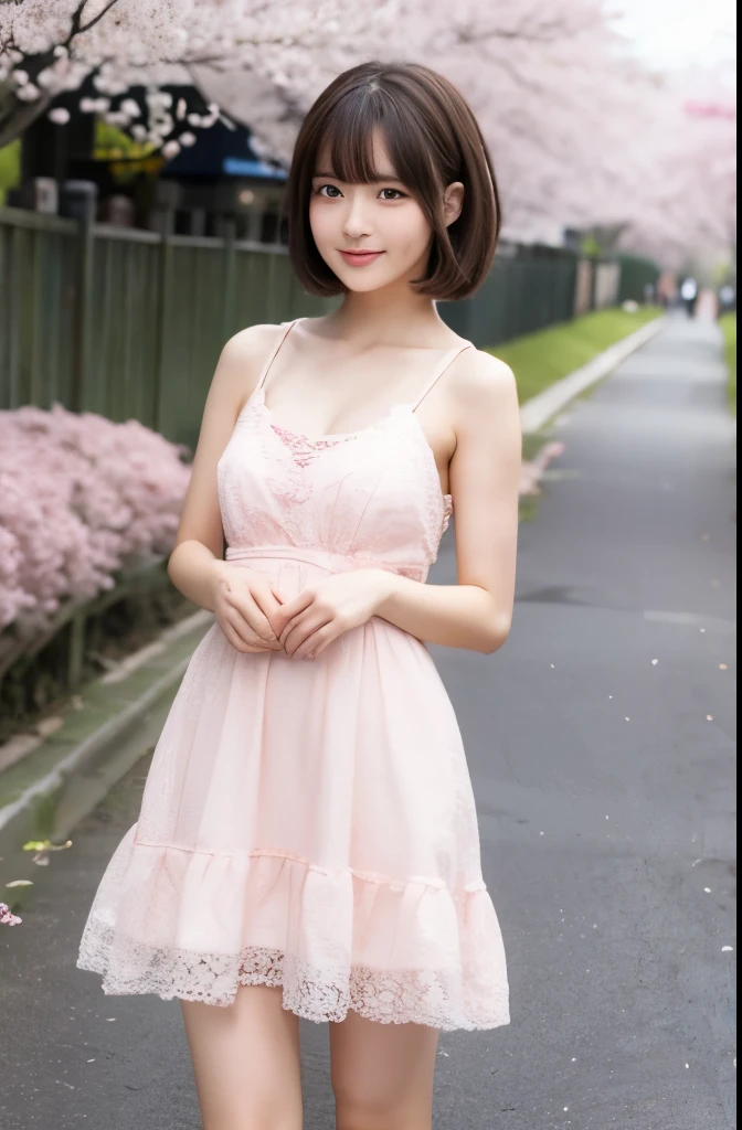 (((masterpiece))), highest quality, very detailed, detailed background, 1 girl, very beautiful girl, Japanese, 16, alone, (full body shot:1.5), detailed face, (Random short bob style :1.2), (young beautiful face), (perfect body:1.1), In 8K, wallpaper, wonderful, finely, Super detailed, 超A high resolution, very detailed, pure erotic face, very detailed目と顔, detailed and beautiful eyes, very detailedスキン, no makeup, (natural skin),Cherry blossoms are in full bloom along a sparsely populated cherry blossom-lined street、Spring-like pink dress、The wind is blowing、hair is flowing、A slightly embarrassed smile、looking at the viewer