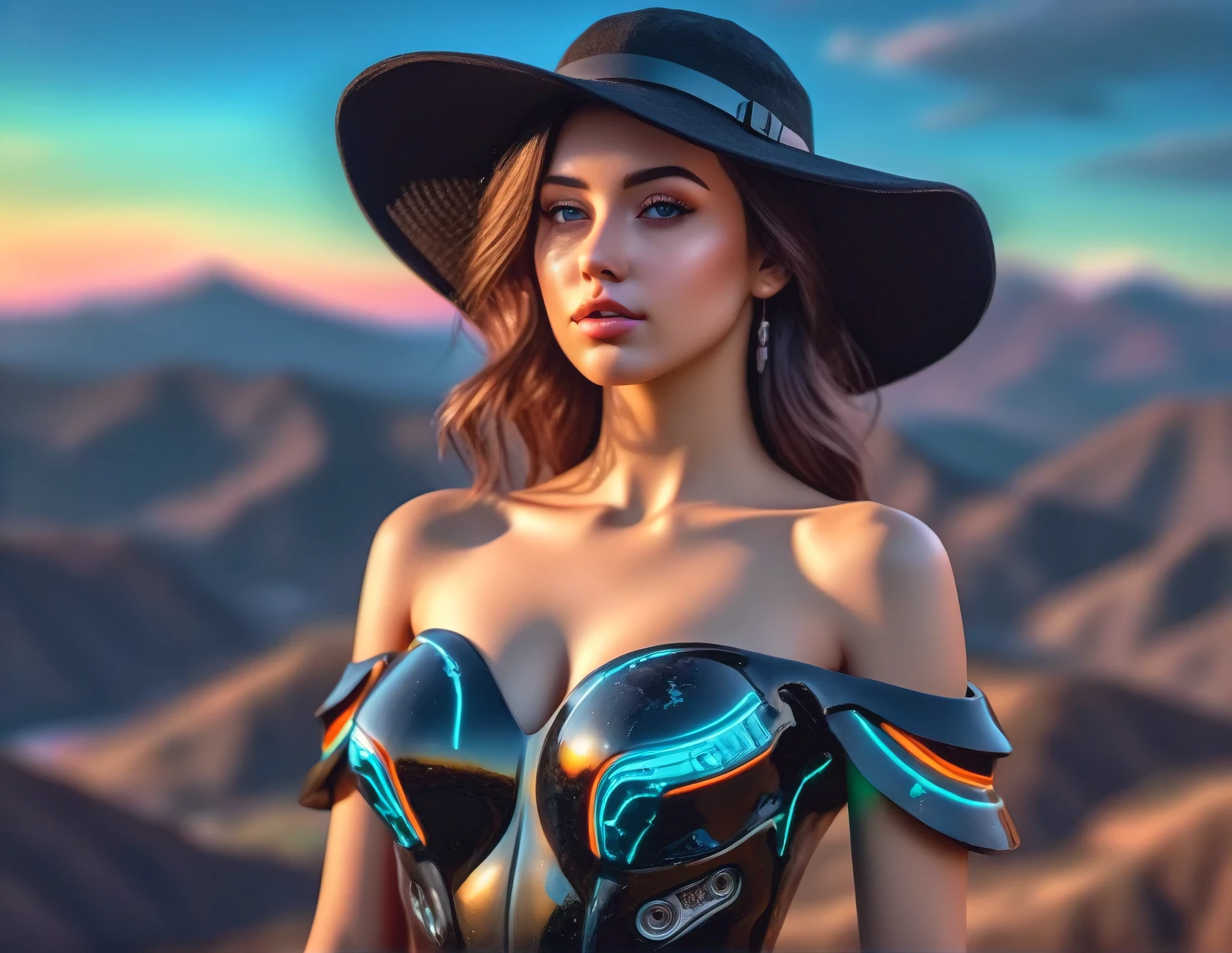 "(best quality,4k,8k,highres,masterpiece:1.2),ultra-detailed,(realistic,photorealistic,photo-realistic:1.37),HDR,UHD,studio lighting,ultra-fine painting,sharp focus,physically-based rendering,extreme detail description,professional,vivid colors,bokeh,portrait,landscape,concept artists,Neon sign,Deviant Artist,gorgeous model,off-the-shoulder dress,hat,hyper detailed,close-up,neon ambiance,abstract black oil,gear mecha,detailed acrylic,grunge,intricate complexity,rendered in unreal engine,8k artistic photography,three engine train,mountains"