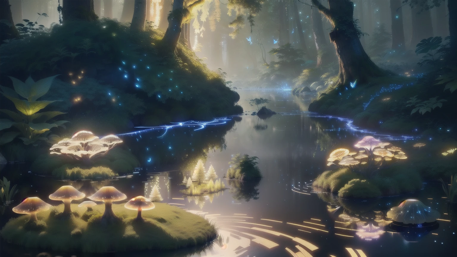 masterpiece, the best quality, Amazing reflections, best reflection ever. (Very detailed CG unified 8k wallpaper), (best quality), (Best Illustration), (best shade), forest theme with technology elements. Tall spaceship, quiet stream, small glowing mushrooms surrounded by delicate foliage and branches, with firefly and glowing particle effect,, (natural elements), (jungle theme), (foliage), (branches), (firefly), Butterfly, (delicate foliage), (glow), (particle effect). , Isometric 3D, octane rendering, Ray tracing, super detailed，In the video chat dialog box