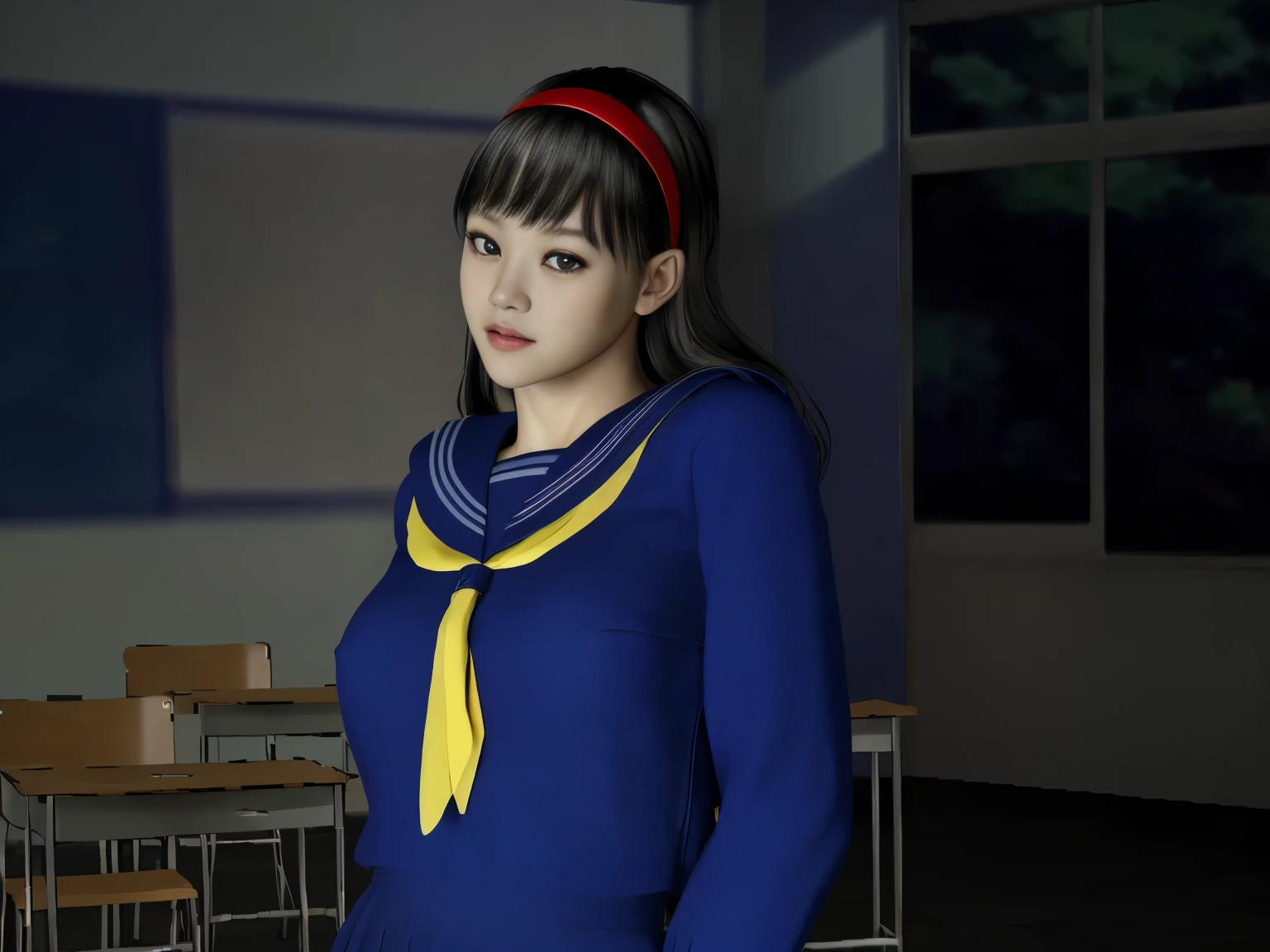 (Dense photo、unity、8k wallpaper)、(very delicate and beautiful)、(masterpiece)、(highest quality:1.2)、(超A high resolution:1.3)、(beautiful realistic asian),beautiful lighting、perfect lightning、realistic shadow、fine skin、Super detailed、detailed face and eyes、realistic eyes、sharp pupils、Huge , inside the classroom、School、sunset、beautiful face、blurred background、(japanese woman)、shiny skin、side up、美しいblack hair、dull bangs、Japan High School Sailor Uniform、pleated mini skirt、gentle smile, ((table top, highest quality)), (shiny skin), cinematic lighting, Physically based rendering, award-winning, highly detailed skin, highly detailed face, Beautiful eyes in every detail, Carl Zeiss 85mm F/1.4, (standing position), (cumin , on the chest and thighs), she'To a very cute 16 year old , (black hair, straight long hair, open your eyes, blush), big cleavage, (sailor blouse, Pull up the pleated skirt yourself:1.3), watching from a distance, (navy high socks, thigh focus),art by、