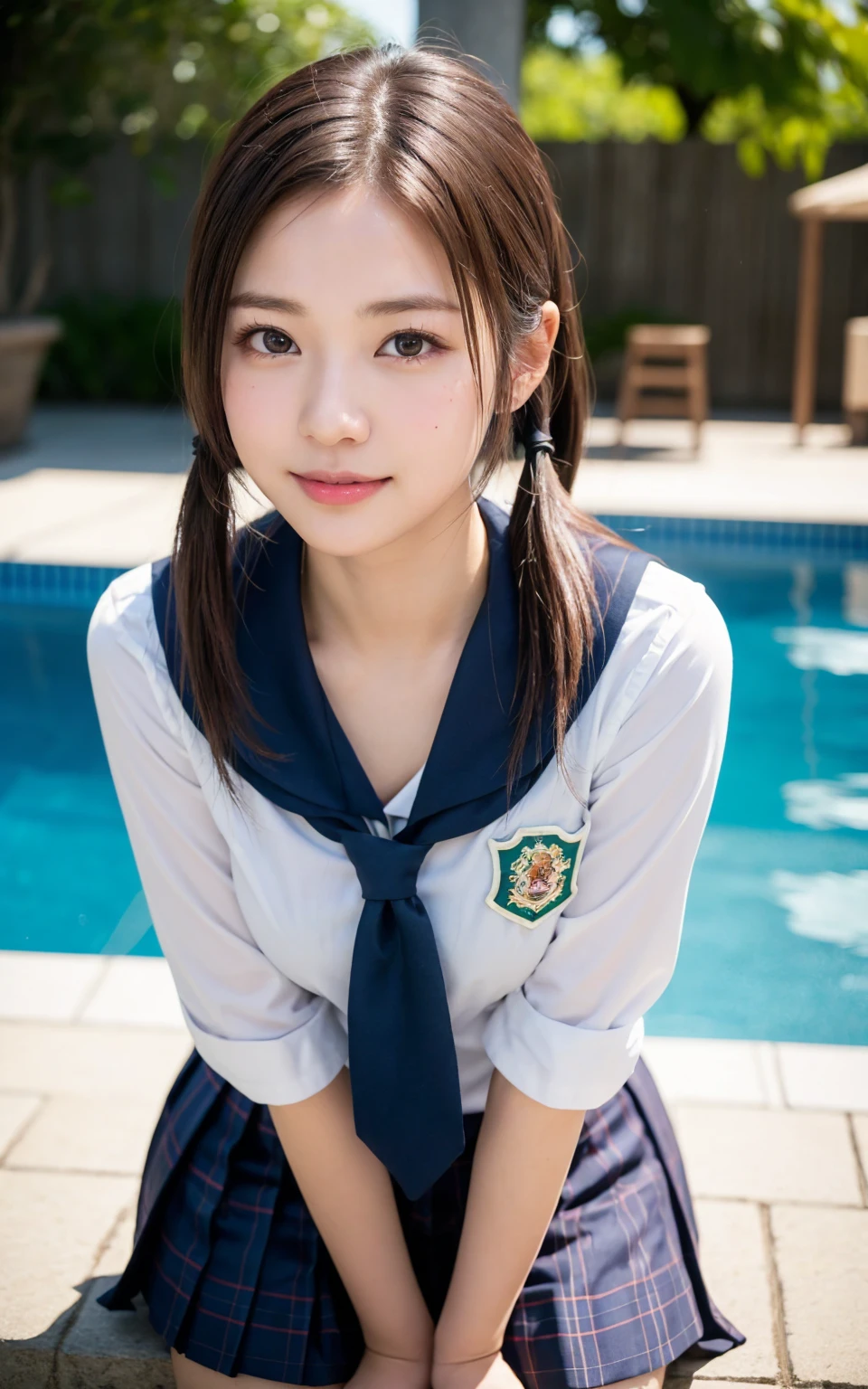 (Highest quality, masterpiece:1.2), Ultra-high resolution、One person、stand.Japanese genius、Pool Class、Teen、Puberty、(Navy school swimsuit)、 Something is wrong、, Very detailed, Realistic, P金traiture, Bright col金s, Fine sentences、Wavy Hair、Black Hair、bangs、One is a ponytail、Or pigtails、Hair accessories such as ribbons、Nogizaka Idol、A little blush、Beautiful and kind eyes、Strong smile。、Proactively、&#39;you&#39;、the body is slim、Bust A cup、Powerful and sexy images。Baby Face、relax、Victory smile 、、Non-NSFW images、Her parents are watching off-camera......。Everyone is safe.....。、(Full body image)