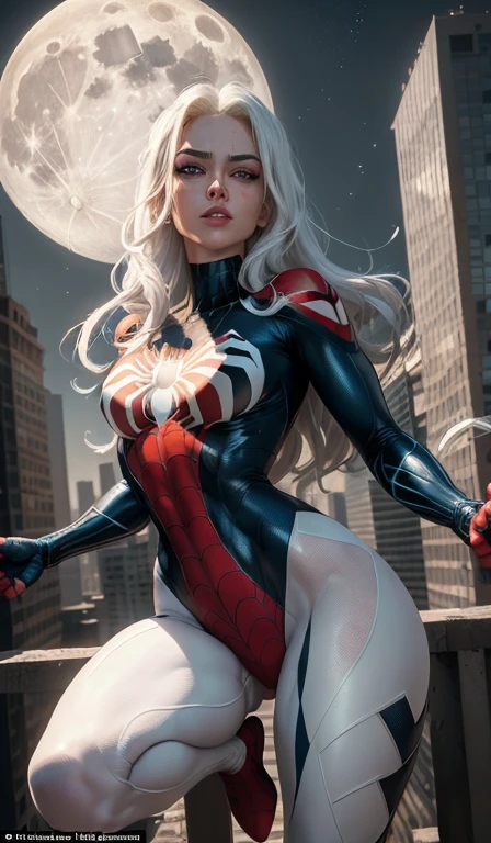 (Masterpiece, 4k resolution, ultra-realistic, very detailed), (White superhero theme, charismatic, there's a girl on top of town, wearing Spider-Man costume, she's a superhero), [ ((25 years), (long white hair:1.2), full body, (blue eyes:1.2), ((Spider-Man pose),show of strength, jumping from one building to another), ((sandy urban environment):0.8)| (cityscape, at night, dynamic lights), (full moon))] # Explanation: The Prompt mainly describes a 4K painting of ultra-high definition, very realistic, very detailed. It shows a superheroine at the top of the city, wearing a Spider-Man costume. The theme in the painting is a white superhero theme, the female protagonist has long white hair, is 25 years old and her entire body is shown in the painting. In terms of portraying the actions of superheroines, spiders are employed