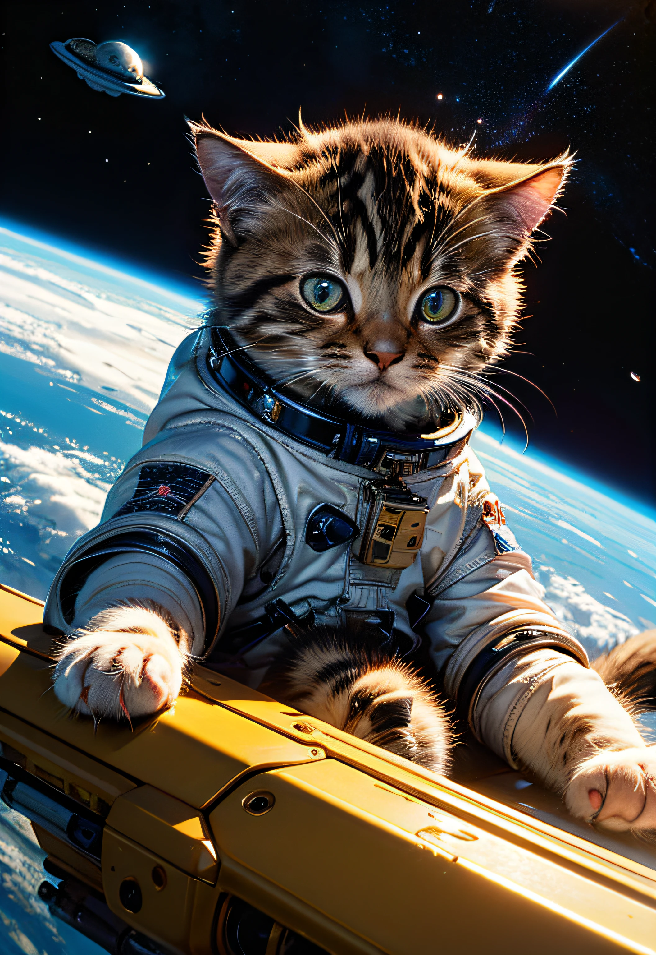 masterpiece、top-quality、top-quality、Cute kitten in space cap and spacesuit staring into the distance in space、ighly detailed、colourfull、highestdetailed、frontage