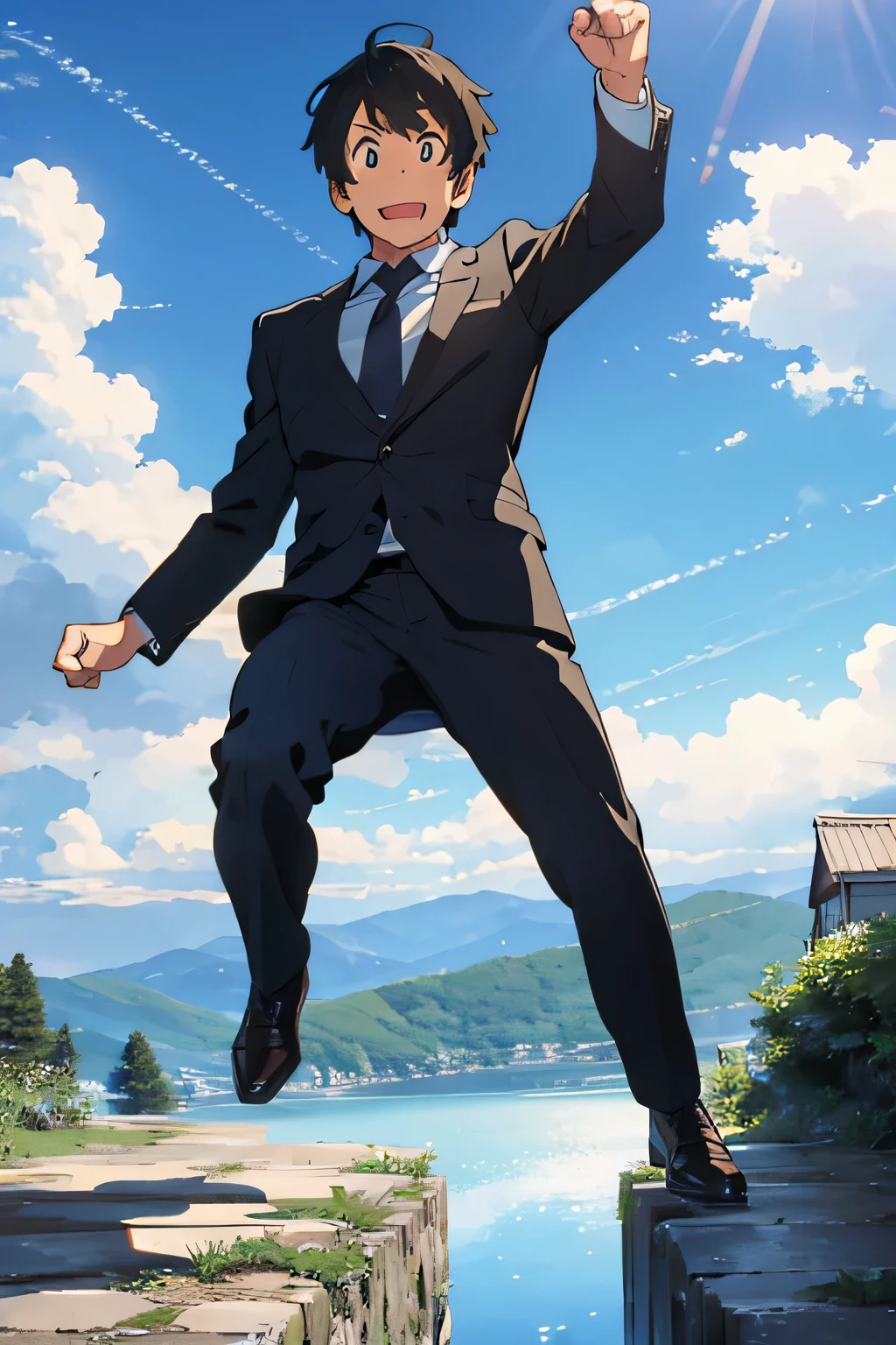 A 30-year-old man wearing a suit、Jump with all your might、Raise one hand into a fist、Smiling and opening mouth、full body image