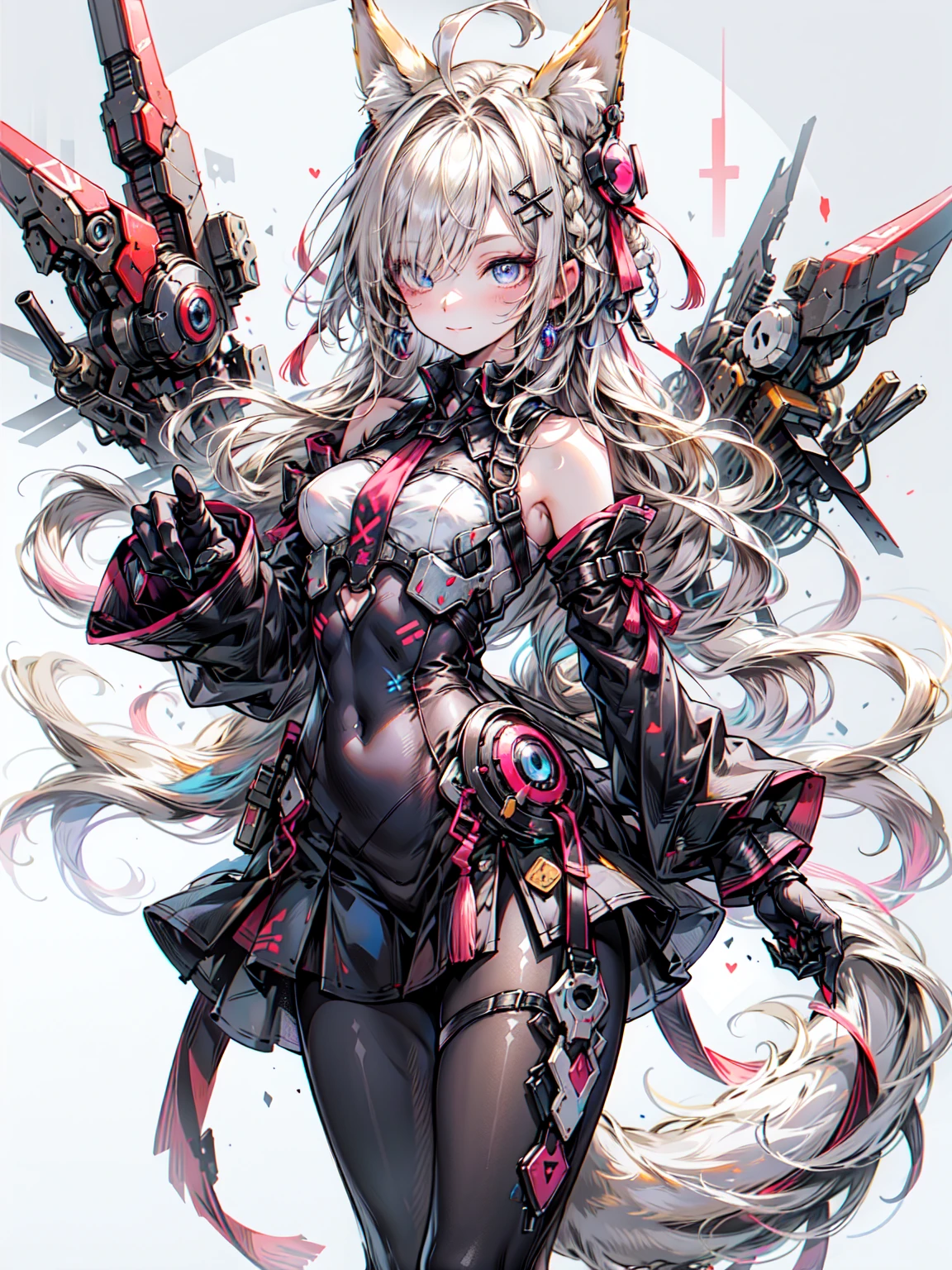 fox ears, Mecha, mechanical, Bushy tail, blue theme,, ultra get used to it, masterpiece, highest quality, beautiful, get used to it,, alone, 柔らかなsmile, 軽いsmile,
1 girl, blue eyes, とてもlong hair, blonde hair, long blonde hair, french braid, bangs, medium breasts,, hair ribbon, ruffle chalk, cross holder, sleeveless dress, high waist skirt, backless dress, waist ribbon, removed sleeve, ruffle sleeves, wide sleeve, pantyhose, Patterned legwear, mary janes, Blake、（dark elf), (1 girl), alone, perfect face, それにget used to it, Ahoge, ((long hair:1.2)), (hair above one eye:1.3), [[messy hair]], Shiny blonde white hair, purple eyes, multicolored eyes, colorful hair, shining eyes, (eyelash, eye shadow, pink eye shadow), bright, smile, design art by Mikimoto Haruhiko, by Kawashi, By Yoshitaka Amano