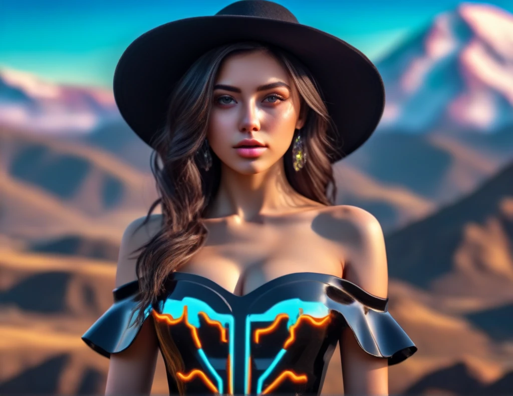 (best quality,4k,8k,highres,masterpiece:1.2),ultra-detailed,(realistic,photorealistic,photo-realistic:1.37),HDR,UHD,studio lighting,ultra-fine painting,sharp focus,physically-based rendering,extreme detail description,professional,vivid colors,bokeh,portrait,landscape,concept artists,Neon sign,Deviant Artist,gorgeous model,off-the-shoulder dress,hat,hyper detailed,close-up,neon ambiance,abstract black oil,gear mecha,detailed acrylic,grunge,intricate complexity,rendered in unreal engine,8k artistic photography,three engine train,mountains