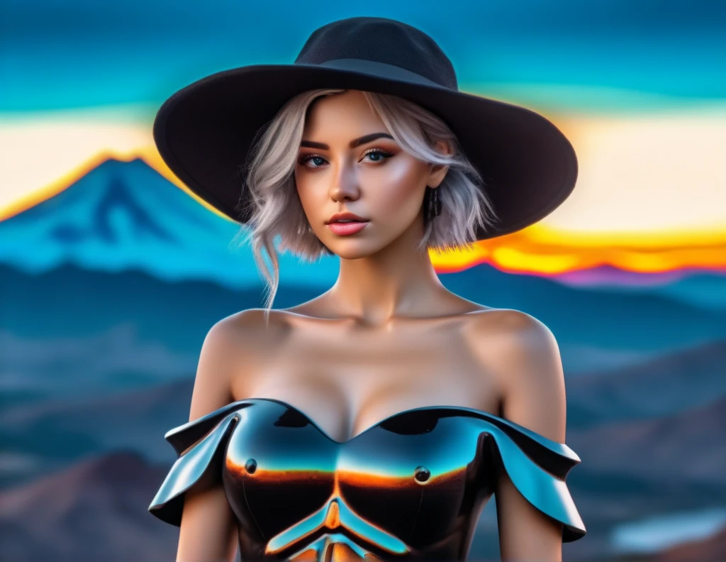 (best quality,4k,8k,highres,masterpiece:1.2),ultra-detailed,(realistic,photorealistic,photo-realistic:1.37),HDR,UHD,studio lighting,ultra-fine painting,sharp focus,physically-based rendering,extreme detail description,professional,vivid colors,bokeh,portrait,landscape,concept artists,Neon sign,Deviant Artist,gorgeous model,off-the-shoulder dress,hat,hyper detailed,close-up,neon ambiance,abstract black oil,gear mecha,detailed acrylic,grunge,intricate complexity,rendered in unreal engine,8k artistic photography,three engine train,mountains