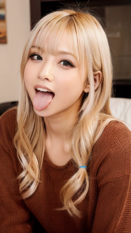 Japanese woman, beautiful girl, gal, blonde, baby face, highest quality realistic skin, eyes in focus, 20 years old, sticking out tongue, focus on mouth, open mouth, long tongue, saliva, open mouth wide, inside of mouth visible, open mouth and sticking out tongue 