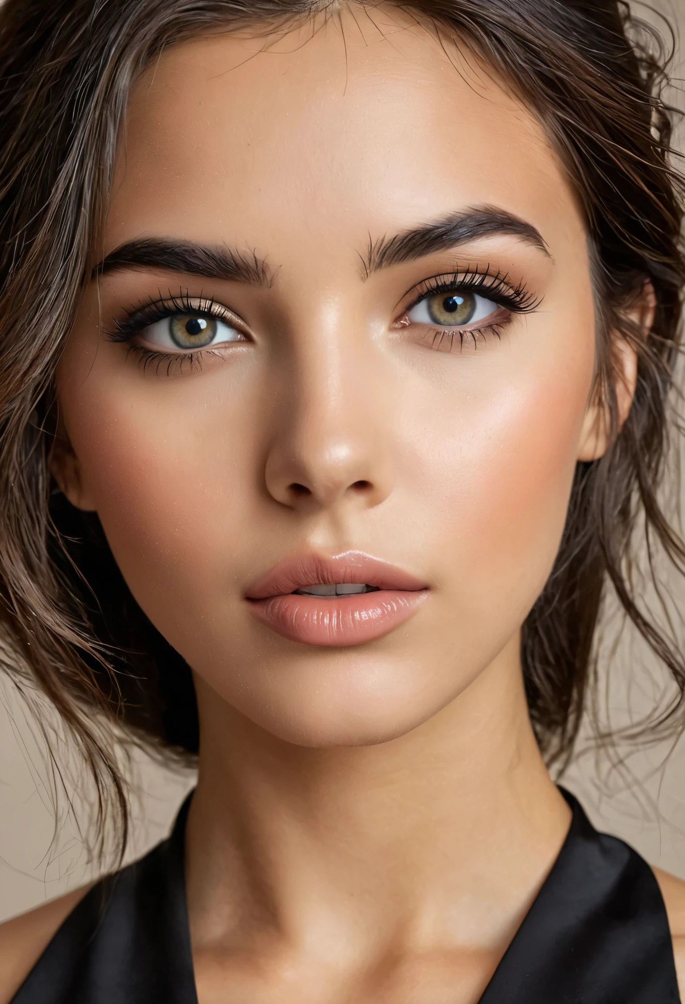 (obra de arte)), ((Mejor calidad)) Una bella mujer de belleza juvenil., pecas, piel de oliva, ojos claros, fine features, labios grandes, pelo negro largo y liso,vestido , sin vulgaridad ,Entorno de trabajo de escritorio, manos en la cara ((foto de estilo profesional)) ((Acercar la cara))