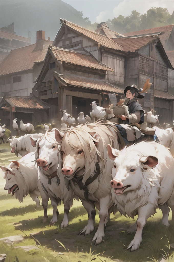 ,欧洲middle Ages，The west，youth，man，farmer，dim，The west龙，Sky中飞龙，farmer,livestock，animal，ox，sheep，dog，pig，Chicken and duck，farmland，village， Keep, outdoor, bird, permanent, cloud,  arms, from behind, Sky, cloudy Sky, animal,  FOG,  middle Ages，farmland，river，war