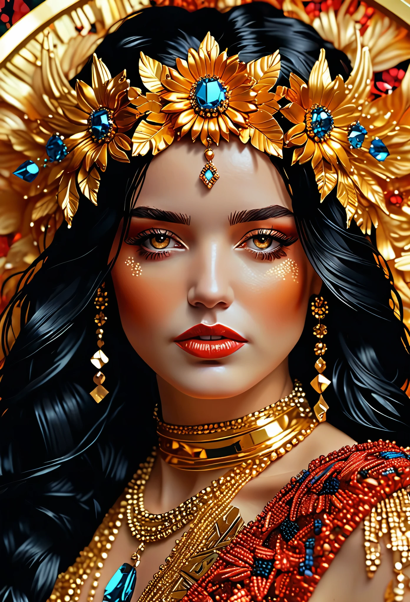(best quality,4K,masterpiece:1.2),super detailed,hell lady, a three-dimensional pixelated portrait,pixel art,in style of Hippie fashion design, portrait, beautiful detailed,beautiful girl,Australian artist Gil Bruve,golden,blingbling
