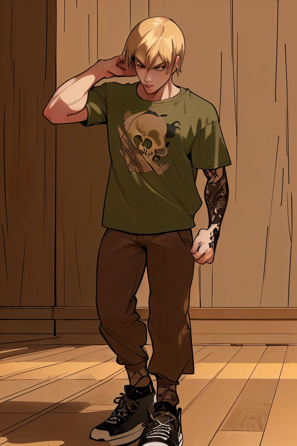 A young man, strong build, dragon tattoo on hand, standing, wearing a dark green T-shirt with a black skull pattern, brown pants, sneakers, (mockery: 1.2), brown eyes, tousled medium blond hair, (hyper details: 1.5), in a drawing style, (wooden floor: 1.2), (concrete walls: 1.2), (best quality, 4k, highres, masterpiece: 1.2), ultra-detailed, (photorealistic: 1.37), portraits, vivid colors, warm tones, soft lighting.