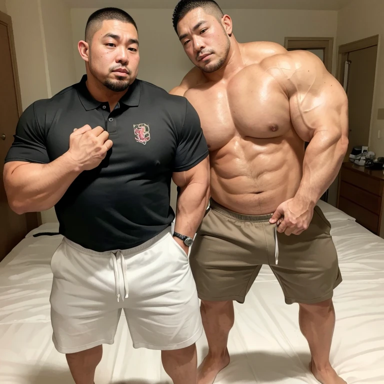 full body,(looking away:1.2), (sexy look:1.2), (kissing each other:1.2), (polo shirt:1.2), (at bed room:1.2), Japanese man, manly face, (round face:1.2), (monolid eyes:1.2), (crew cut:1.2), very large and strong body, bulky body, beefy muscles, (bulging muscles:1.2), (very large pectoral muscles:1.2), (muscular arms:1.2), muscular abs, muscular legs, muscular back, bright oily skin, (realistic:1.2), distant view