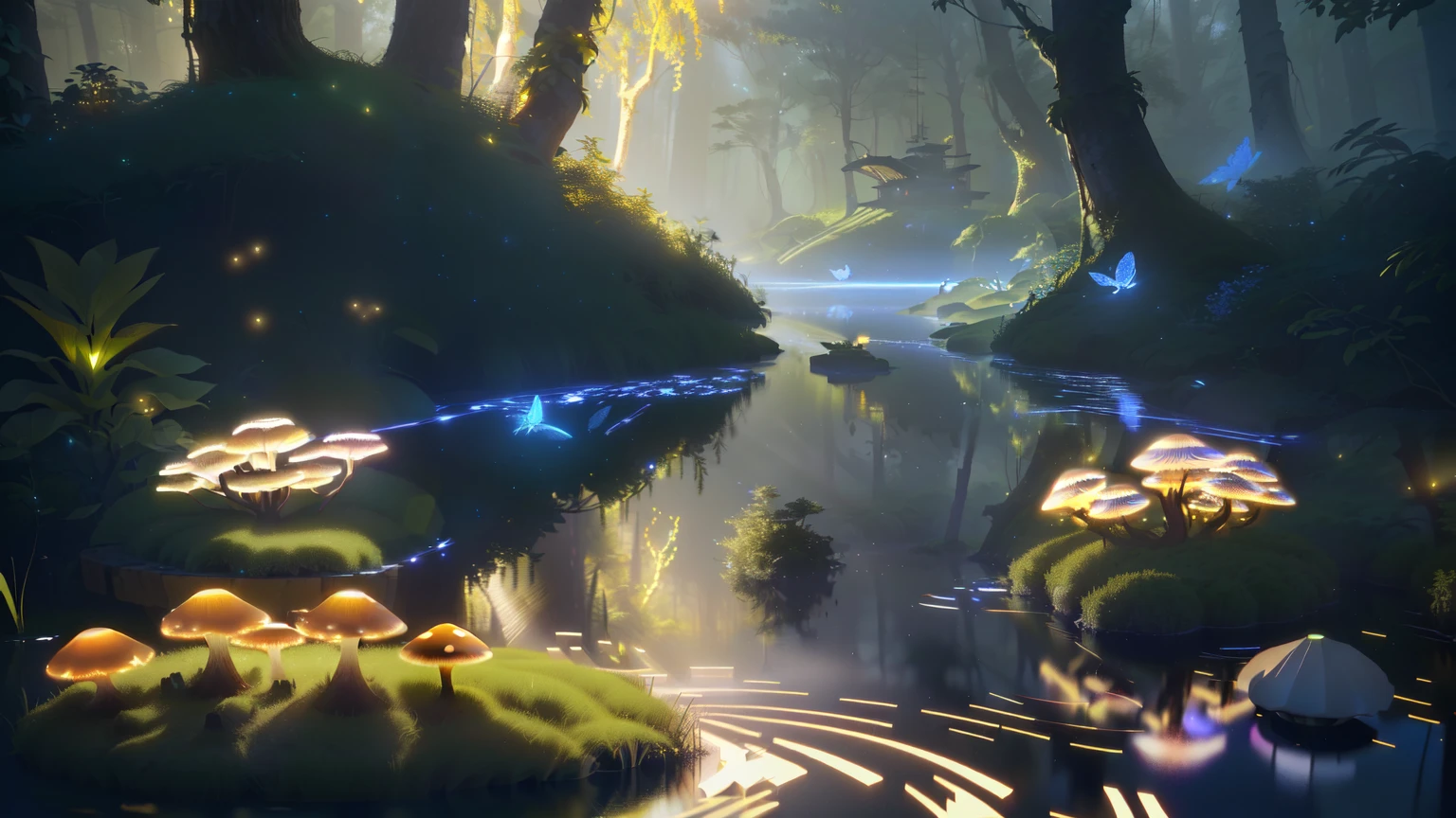 masterpiece, the best quality, Amazing reflections, best reflection ever. (Very detailed CG unified 8k wallpaper), (best quality), (Best Illustration), (best shade), forest theme with technology elements. Tall spaceship, quiet stream, small glowing mushrooms surrounded by delicate foliage and branches, with firefly and glowing particle effect,, (natural elements), (jungle theme), (foliage), (branches), (firefly), Butterfly, (delicate foliage), (glow), (particle effect). , Isometric 3D, octane rendering, Ray tracing, super detailed,In the video chat dialog box