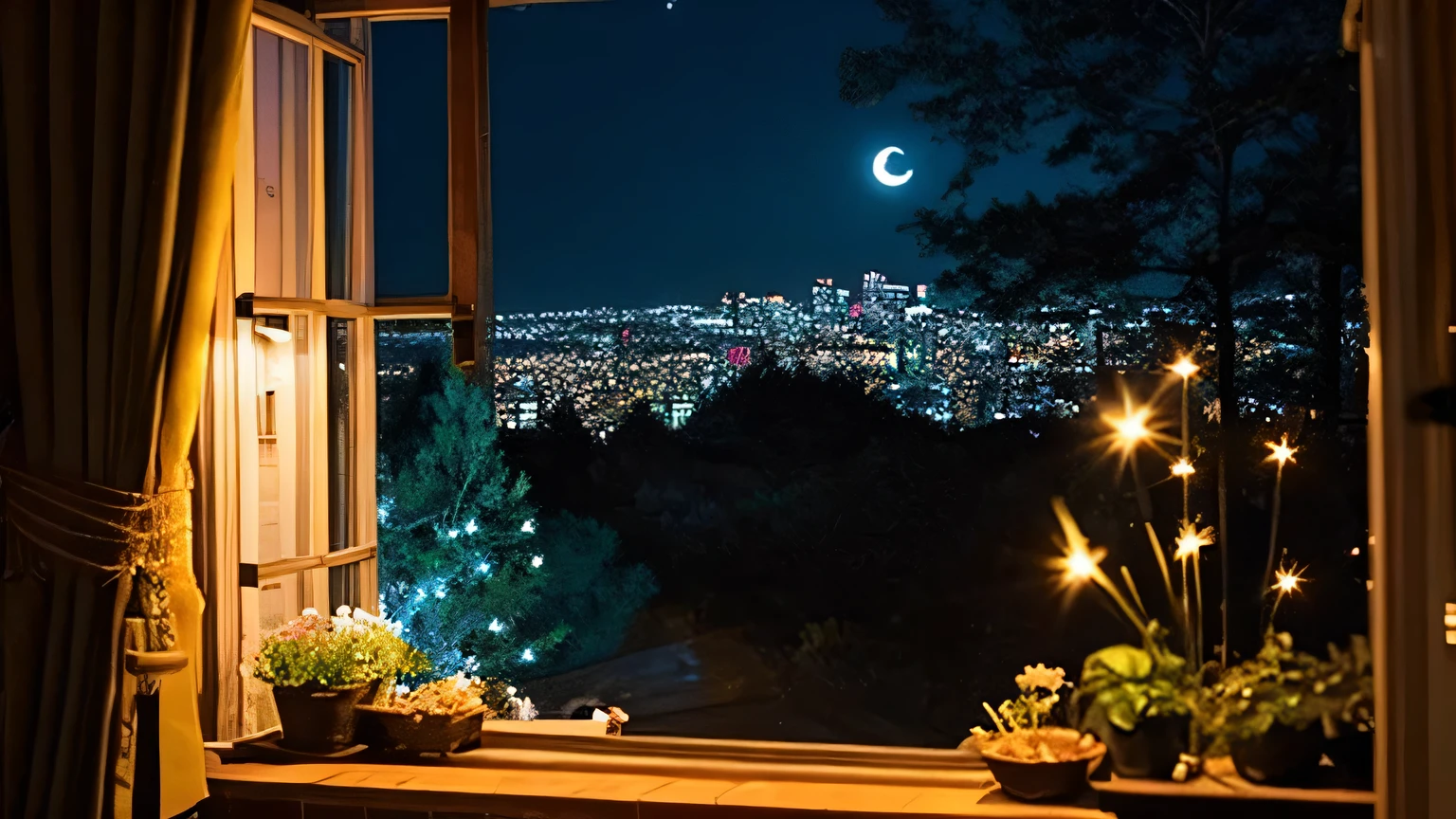 beautiful nature、beautiful night、Sparkling Moon、countless stars、A faint light spilling from the window of the house、happy、