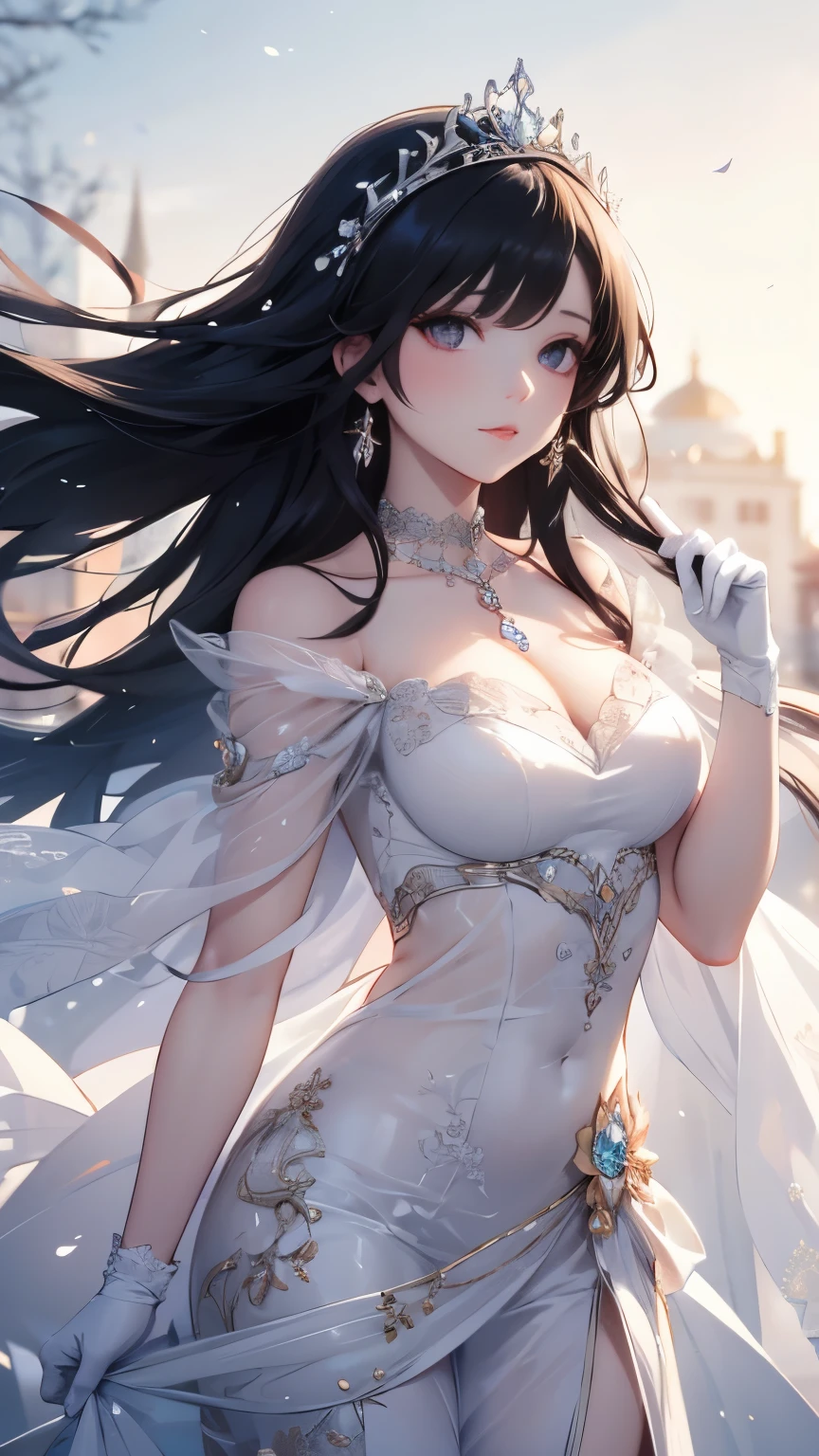 ((best quality)), ((masterpiece)), (detailed), perfect face, long hair, (very long hair), ((black hair)),  Sharp focus A beautiful woman with perfect body, Highly detailed face, , Detailed eyes, crystal hair, floating hair, anchor choker, jewelry, tareme, longeyelashes, anime, Art Nouveau, A tiara shining with jewels, a princess, a pure white dress, silk gloves, standing alone in a garden, A 20-year-old woman