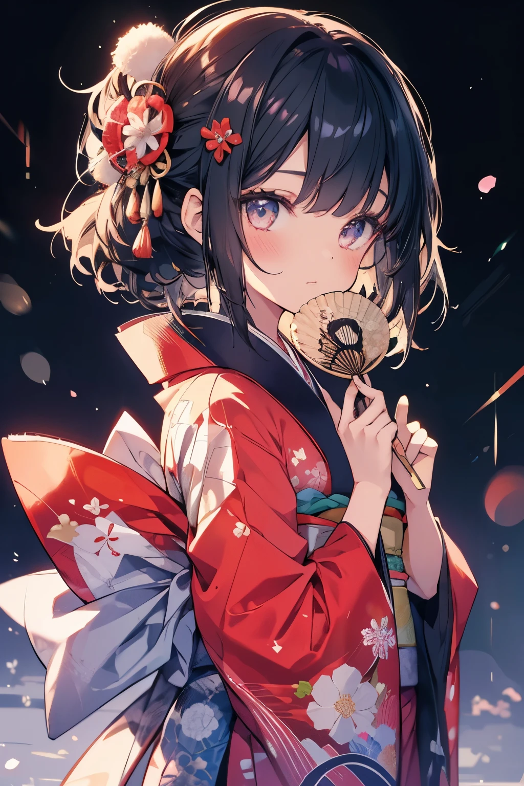 1 girl, Japan, kimono, Hold a fan, good, beautiful feces, delicate, cute, black haired, narrow eyes, ((from head to waist)), masterpiece, highest quality, Super high quality