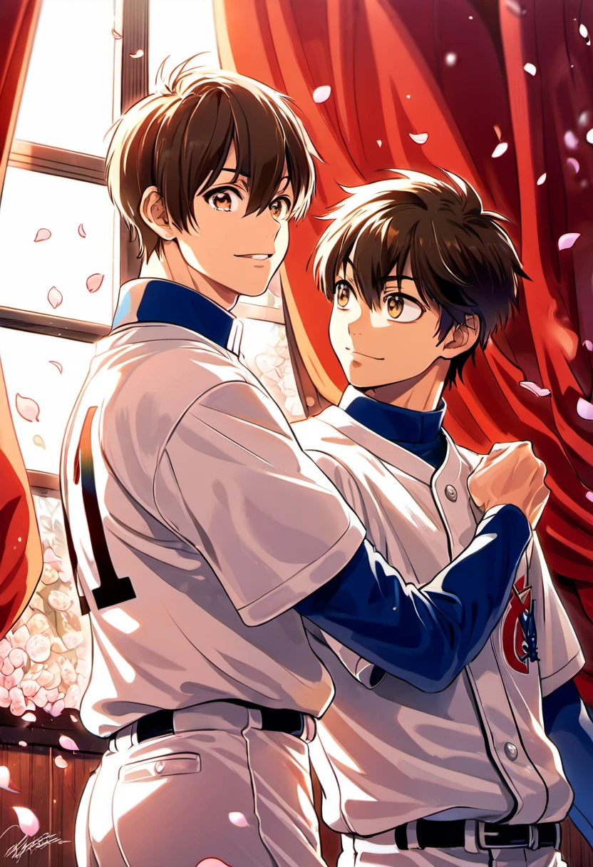 absurdres, highres, ultra detailed, HDR, master piece, best quality, Diamond no ace, Sawamura Eijun together with Miyuki Kazuya, gay couple, handsome, brown hair, medium-length brown hair messy and windswept, hair between the eyes, expressive brown eyes, window, red curtains, petals, seidou baseball uniform