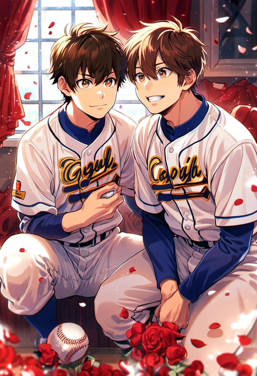 absurdres, highres, ultra detailed, HDR, master piece, best quality, Diamond no ace, Sawamura Eijun together with Miyuki Kazuya, gay couple, handsome, brown hair, medium-length brown hair messy and windswept, hair between the eyes, expressive brown eyes, window, red curtains, petals, seidou baseball uniform