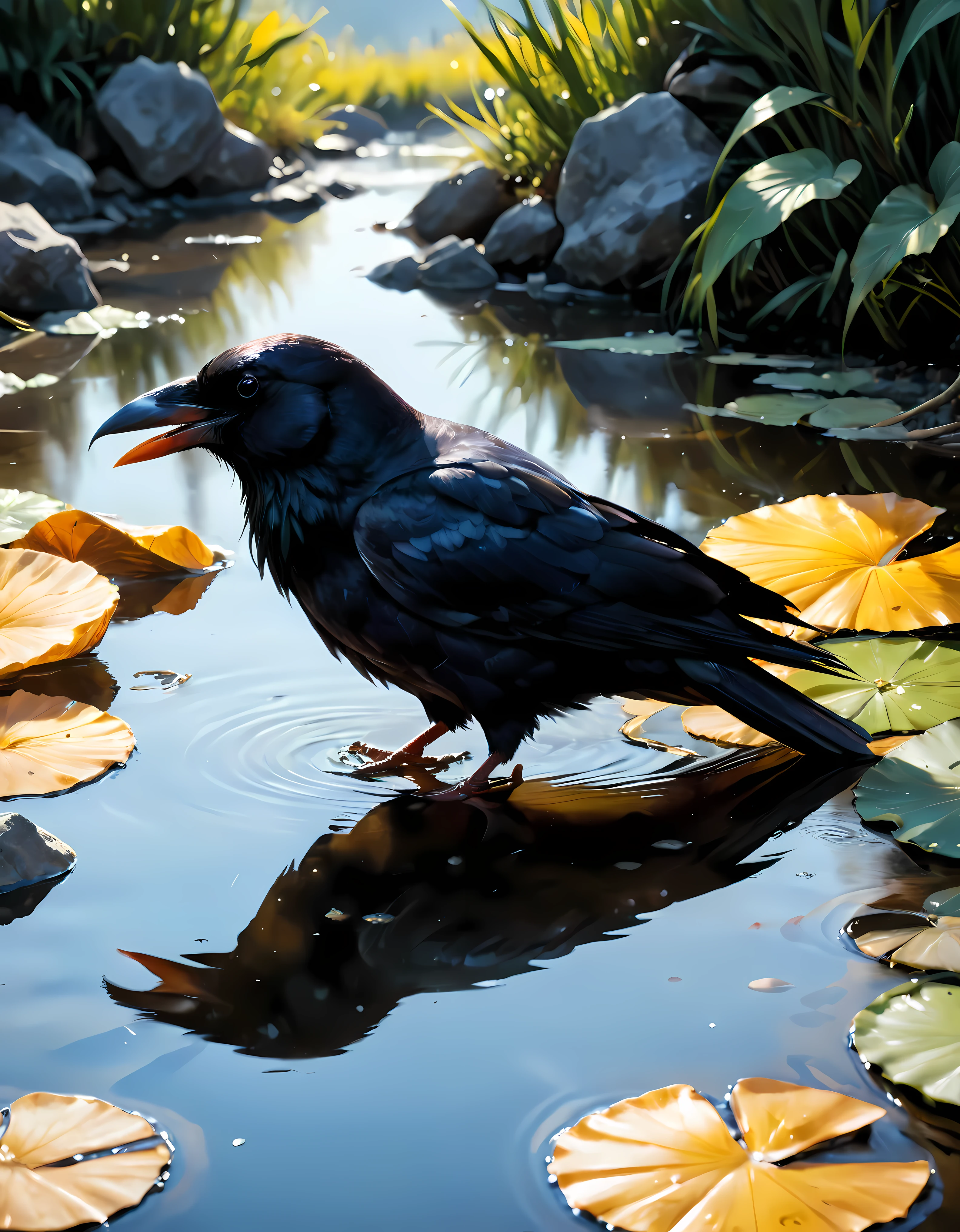 ((soft_color_painting:)1.5), ((soft_color_tones):1.4), ((crystal clear water reflection background):1.3), ((soft color exotic crows):1.4)),((macro view of a secret ponds):1.2),((Movie-like still images and dynamic angles):1.3), ((cool and beautiful shadow silhouette):1.1), Gouache with intricate details, Add a touch of realism to this visually detailed and stylistically diverse masterpiece, Detailed brushstrokes have been enhanced, Careful brushwork creates an atmosphere, Utilize delicate yet powerful brushstroke techniques, Create an enchanting atmosphere. highly detailed gouache, ((Unparalleled sharpness and clarity):1.1), ((Radiosity rendered in stunning 32K resolution):1.3), All captured with sharp focus. Rendered in ultra-high definition with UHD and retina quality, this masterpiece ensures anatomical correctness and textured skin with super detail. With a focus on high quality and accuracy, this award-winning portrayal captures every nuance in stunning 16k resolution, immersing viewers in its lifelike depiction. | ((perfect_composition, perfect_design, perfect_layout, perfect_detail, ultra_detailed)), ((enhance_all, fix_everything)), More Detail, Enhance.