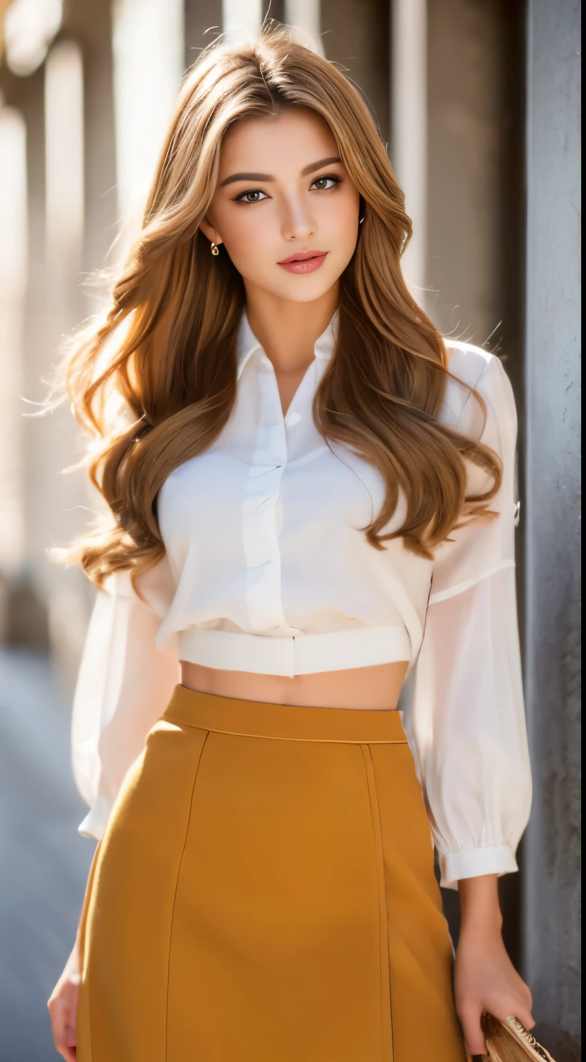 ((highest quality, 4k, masterpiece: 1.3)), beautiful woman with perfect figure: 1.4, (abs, developed hand muscles: 1.2), light brown hair, highlight hair、Fashionable blouses、Fashionable skirts, Highly detailed face and skin texture, detailed eye, double eyelid