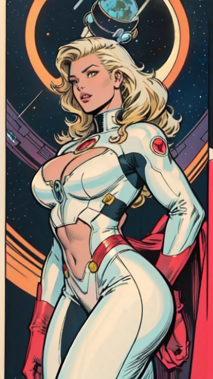 masterpiece,extremely beautiful woman,woman space retro futurism, beautiful face,hi-tech armour over silver latex suit, long curly blonde hair,in deep space, with several planets and suns in the background Excellent sense,cleavage,American Comics,(((The Perfect One Woman))),(((one person))),colorful,ighly detailed body,highly detailed face,SF,