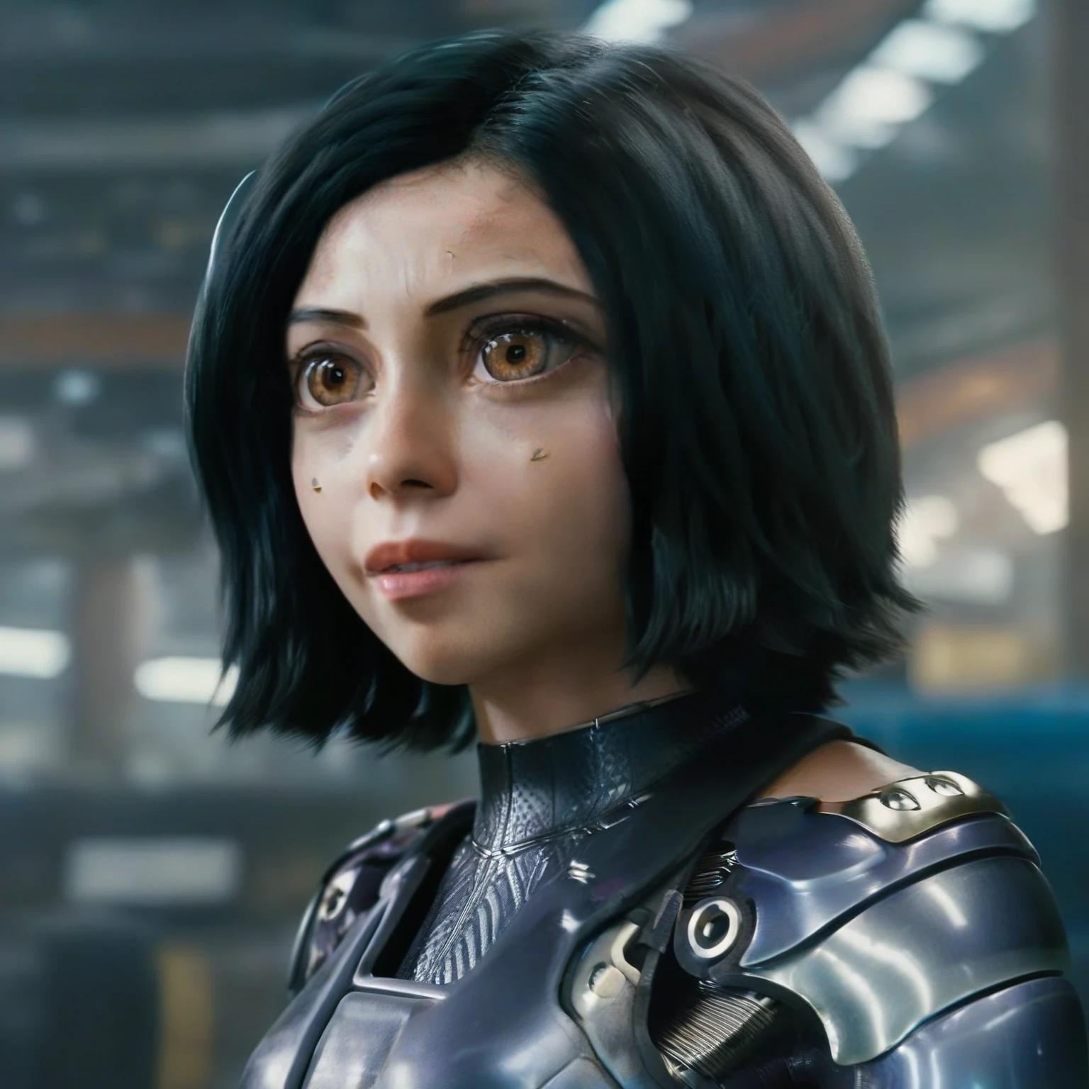 Alita1024, a woman, brunette, close up face portrait, big smile, android suit, cyberpunk background, detailed eyes, photography, highly detailed, sharp focus, trending on artstation, studio photo, intricate details, highly detailed, by greg rutkowski