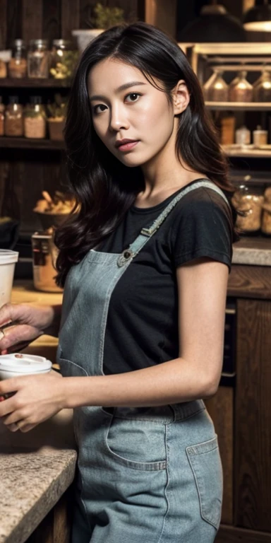 original photo，A girl works on a workbench at Starbucks，black shirt， Wearing a green apron outside，rim light， clavicle， Face， long legs，Idol， depth of field， tilt， reflective，lifelike, ultra high resolution, high quality，soft light，best quality，masterpiece，8K，Super real，