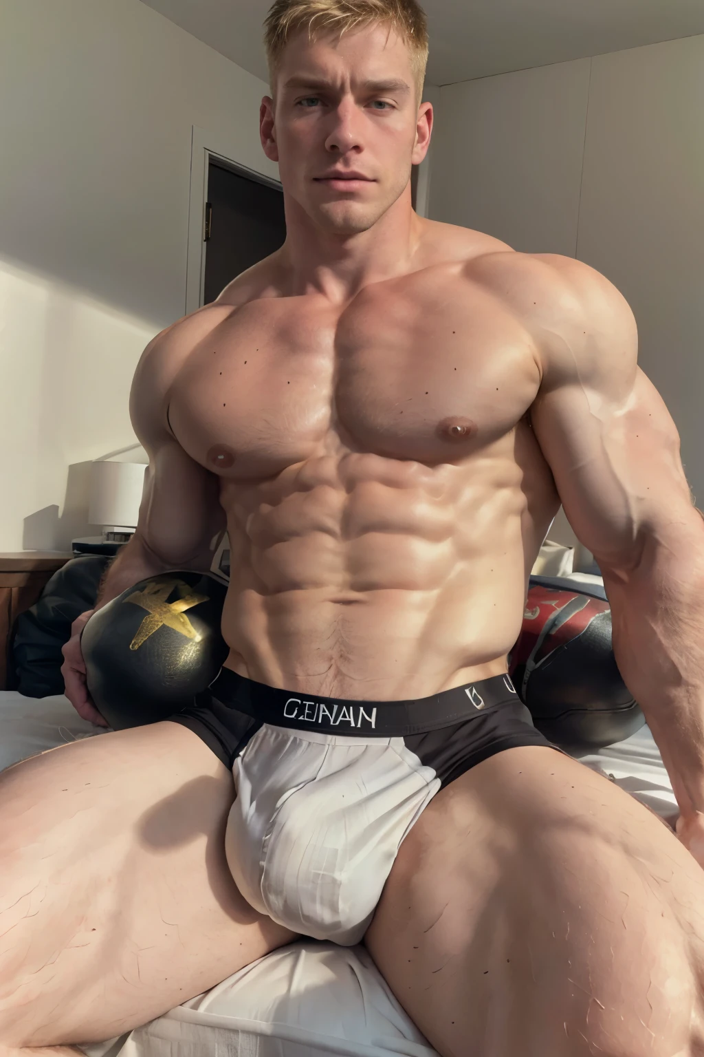 hot guy wrestler in a black underwear. pale skin, oiled up, blond, good lighting, very pale skin, light skin, black briefs sitting on bedroom floor, body shot, wrestler build, bulge print, hot guy, mature face, irish, fully clothed, buff, erotic