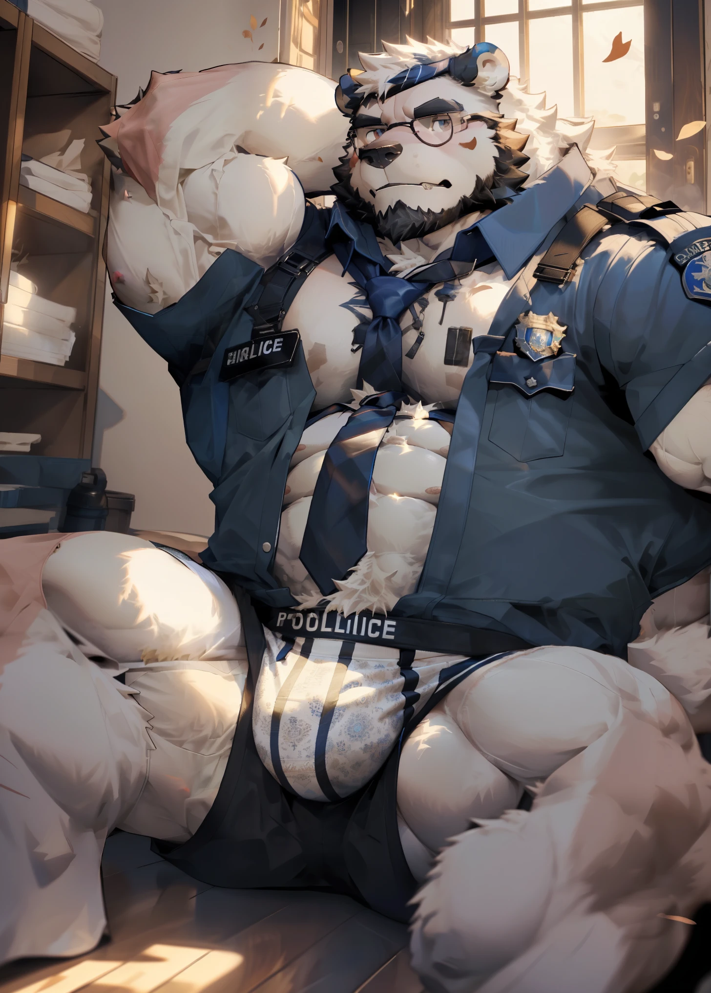 (masterpiece)，(Very detailed)，(best quality)，hairy，polar bear，white fur，light blue pupils，black beard，muscular，Black-rimmed glasses，(police hat:1.2)，((Black police uniform:1.3，tie:1.4))，(((Leakage of the pectoral muscles:1.5)))，(((Open your clothes:1.5))),(((White briefs:1.5)))，(blush shy:1.1)，(in the bedroom，Fallen leaves drifting in from the window，floor，躺在floor上),(Very detailed)，8k，(super high quality)