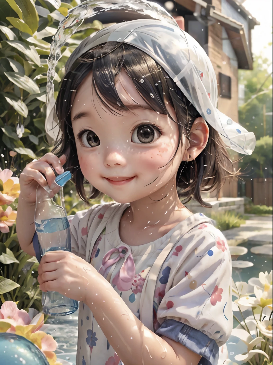 Mid summer、Girl pouring water from a plastic bottle on her head、water droplets、smile