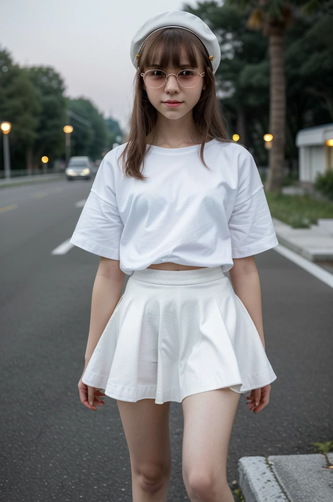 Acute girl, perfect face, beautifull 14 years old girl,14 years old girl, skinny body, slim body, white skin, masterpiece, textured skin, super detail, high details, high quality, 8k, nice pose, road night background, side lighting to face, dress, wearing a white hat, wearing a sun glasses, cute lipes, small and cutest lipes, at night, wearing a white shoes, bangs hair style, wearing a white shoes, wearing a shirt, small skirt, wearing a ears rings, little smlie, night time.