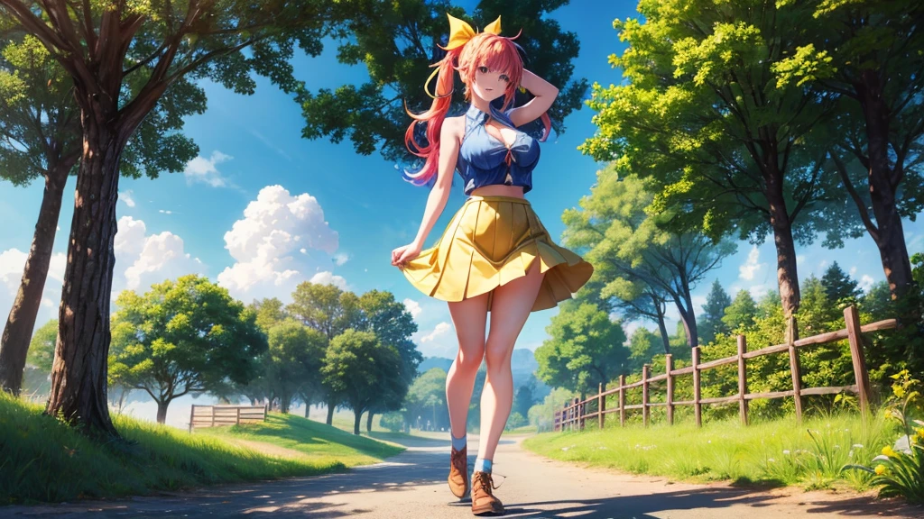 1girl, full body, summer, village, trees, sun, clouds, ((colorful hair)), ponytail, large breasts, cleavage, sleeveless blue top, blue eyes, mini skirt, brown shoes, grin, looking at the viewer, standing, red, white and green hair ribbon, ((golden necklate))