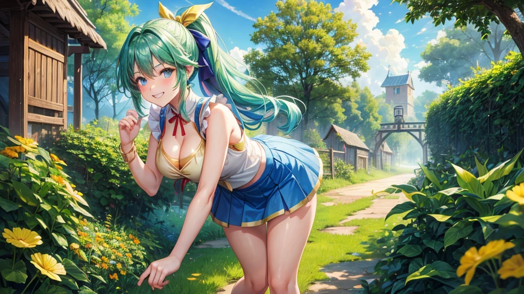 1girl, full body, summer, village, trees, sun, clouds, ((colorful hair)), ponytail, large breasts, cleavage, sleeveless blue top, blue eyes, mini skirt, brown shoes, grin, looking at the viewer, standing, red, white and green hair ribbon, ((golden necklate))