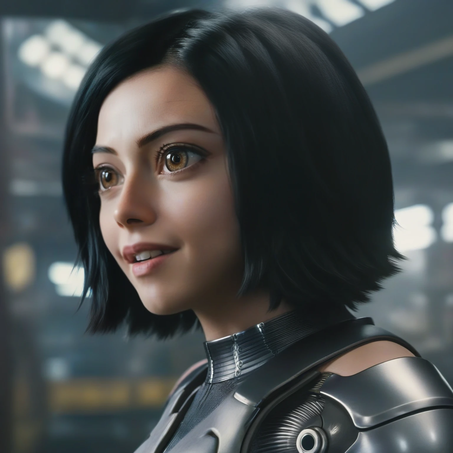Alita1024, a woman, brunette, close up face portrait, big smile, android suit, cyberpunk background, detailed eyes, photography, highly detailed, sharp focus, trending on artstation, studio photo, intricate details, highly detailed, by greg rutkowski, big smile, big smile, big smile