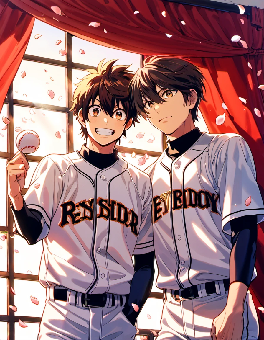absurdres, highres, ultra detailed, HDR, master piece, best quality, Diamond no ace, Sawamura Eijun together with Miyuki Kazuya, gay couple, handsome, brown hair, medium-length brown hair messy and windswept, hair between the eyes, expressive brown eyes, window, red curtains, petals, seidou baseball uniform