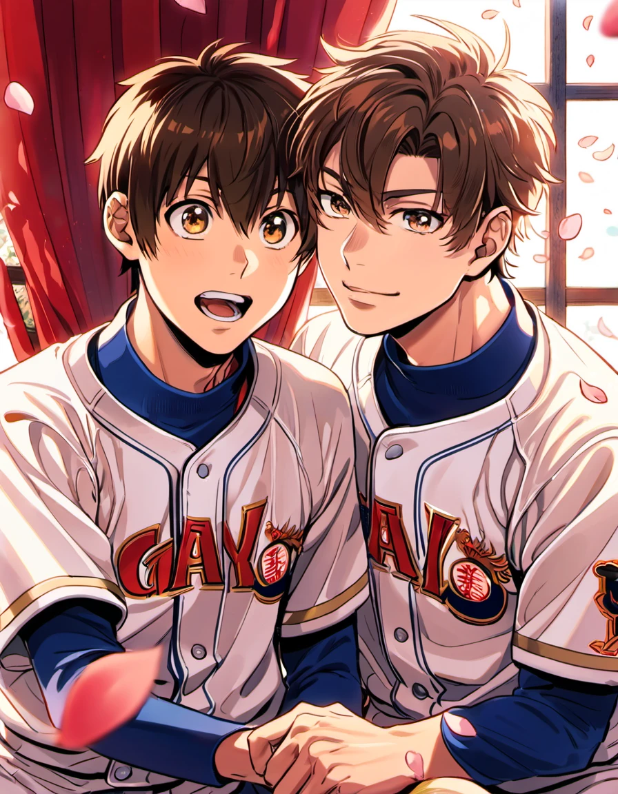 absurdres, highres, ultra detailed, HDR, master piece, best quality, Diamond no ace, Sawamura Eijun together with Miyuki Kazuya, gay couple, handsome, brown hair, medium-length brown hair messy and windswept, hair between the eyes, expressive brown eyes, window, red curtains, petals, seidou baseball uniform