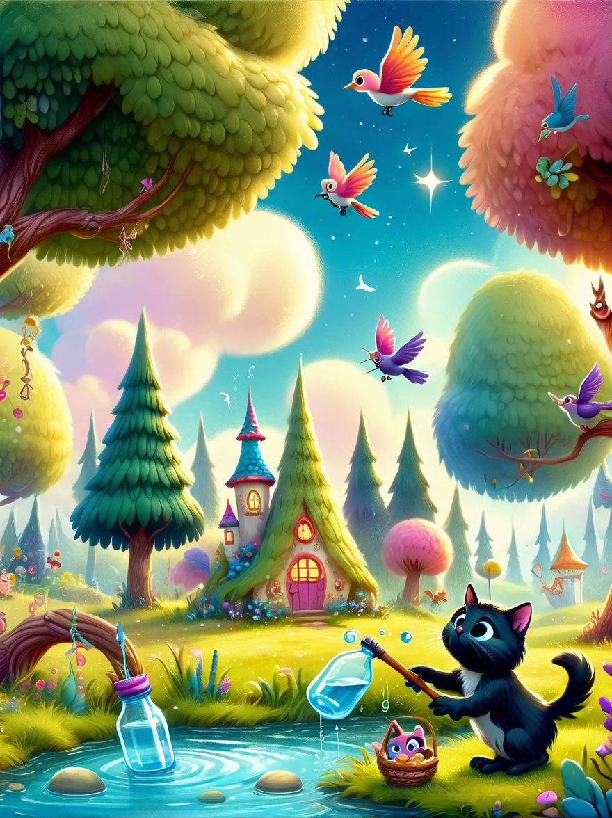 Show a scene from a children&#39;s book，In a fairytale setting，(1 kitten)，(Holding a fishing rod)，fishing by the river，This scene is whimsical，Full of color and vibrant details，This is typical of children&#39;s stories.，The environment is characterized by unique trees，Featuring bright skies and magical elements，Bright colors，Can stimulate children&#39;s imagination，Kitten has exaggerated，cute features，Attractive to young readers，The background should capture the essence of an interesting and fascinating story