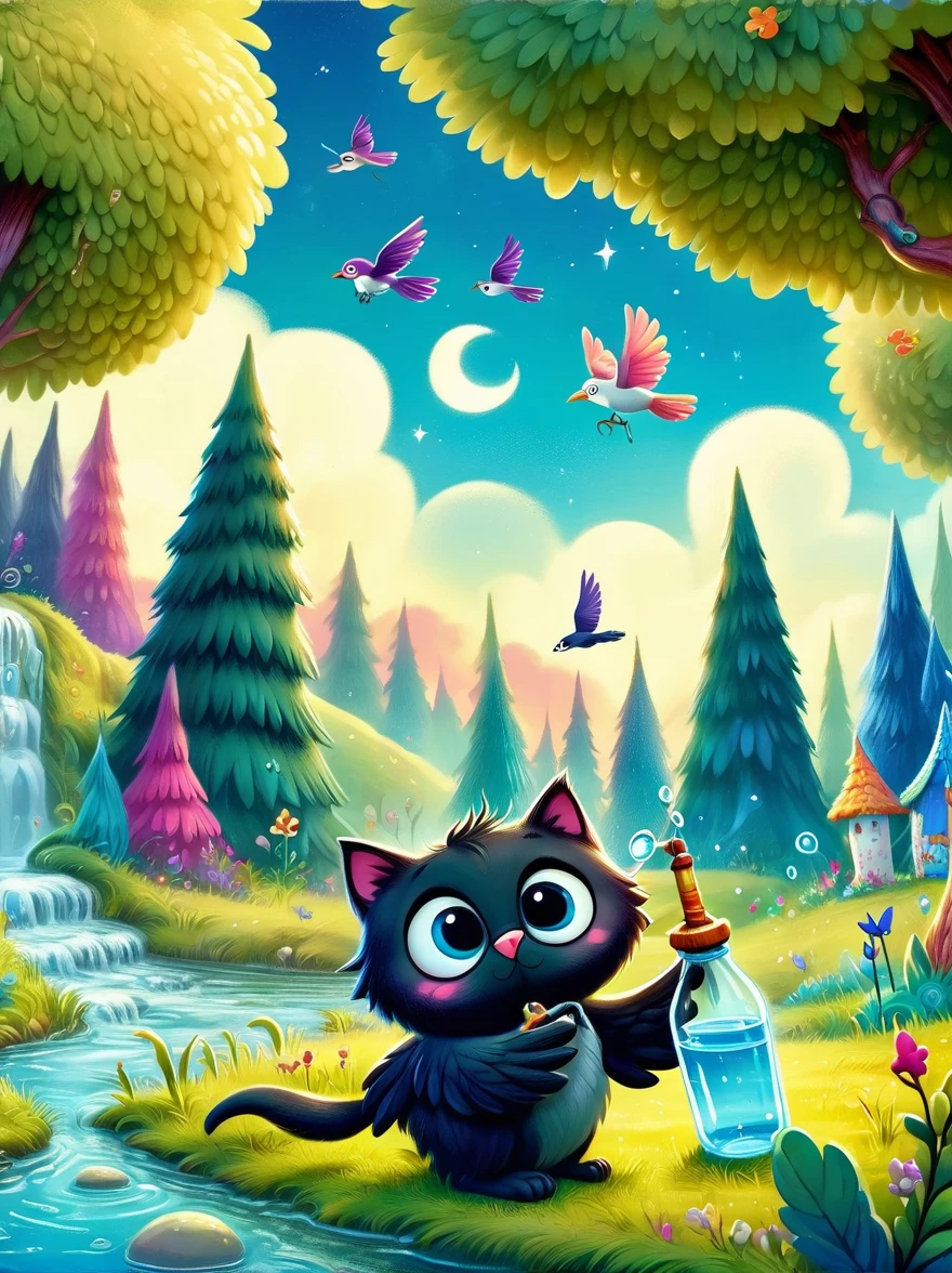 Show a scene from a children&#39;s book，In a fairytale setting，(1 kitten)，(Holding a fishing rod)，fishing by the river，This scene is whimsical，Full of color and vibrant details，This is typical of children&#39;s stories.，The environment is characterized by unique trees，Featuring bright skies and magical elements，Bright colors，Can stimulate children&#39;s imagination，Kitten has exaggerated，cute features，Attractive to young readers，The background should capture the essence of an interesting and fascinating story