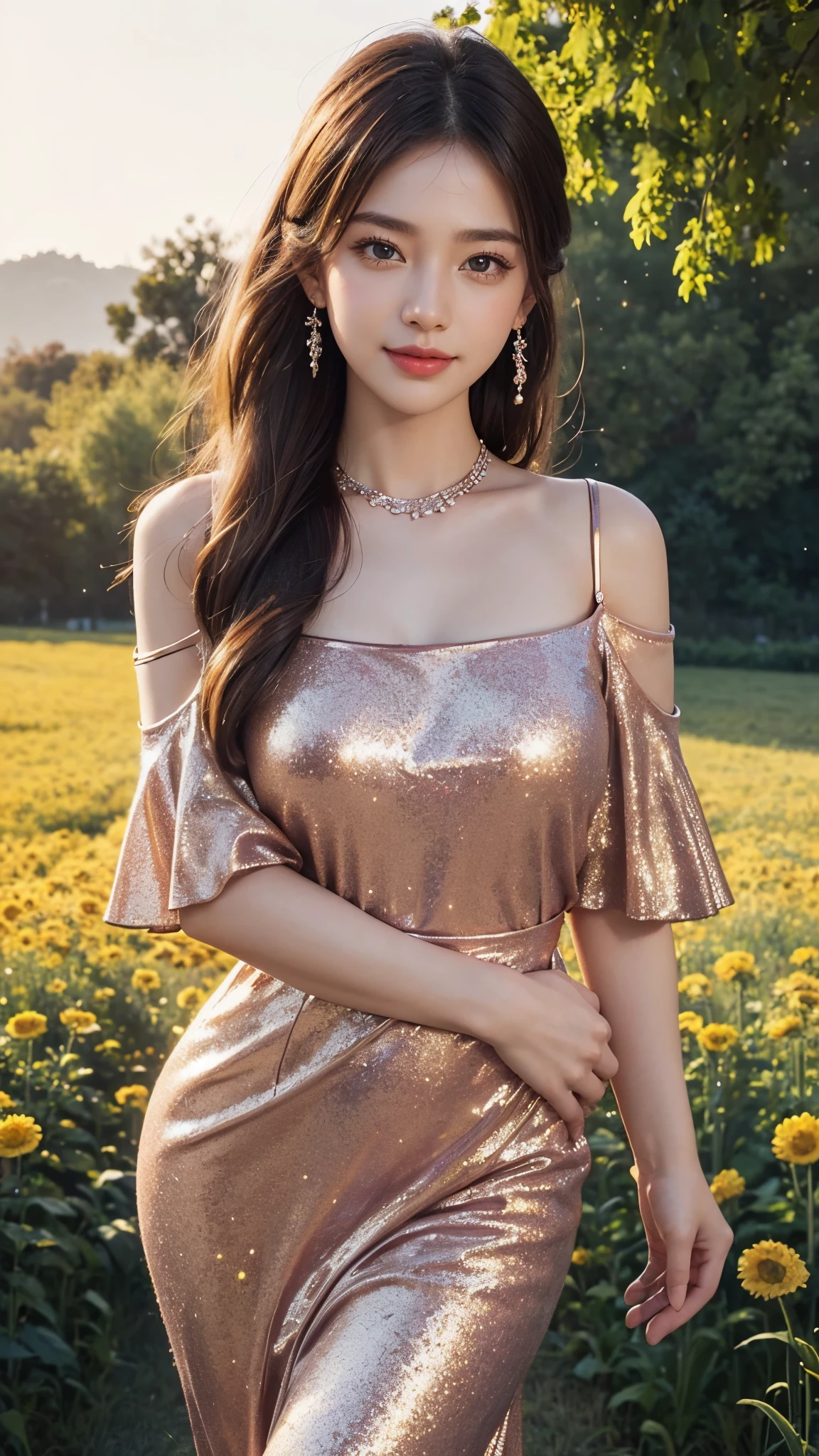 (Masterpiece:1.4), CG Unity 8k walpaper, ((Realistic: 1.2)), Ray Tracing, 64k, Beautiful 22 years girl, Asian realistic girl, Ultra Realistic, ultra HD, high detail，8K resolution，ultra high resolution, cute girl，The ponytail, long Hair，earrings，necklace，Colorful clear eyes，smooth hair，Exquisite and perfect with the most beautiful facial features and big eyes，Long eyelashes，(Smile)，field，Ultimate picture quality，Standing in front of multi colour chrysanthemum flowers field, ((Upper body shot)), ((Lovely Glitter Red cold shoulder Homecoming Dress: 1.2)), [(4 different Poses),(pose 1: Grab hair with both hands, tighten tummy to lift hips,stand side ways),(pose 2: strech your arm,hand on hip, tighten tummy and lift hip),(pose 3: tilt head to smile,put arm behind back,place arm side by leg),(pose 4: title your head to smile,put your hands naturally by your side,stand side ways)], (Detailed poses), (Detailed Dress), (detailed background) , Beautiful human real fingers, beautiful human real hands, Real human natural skin, 
