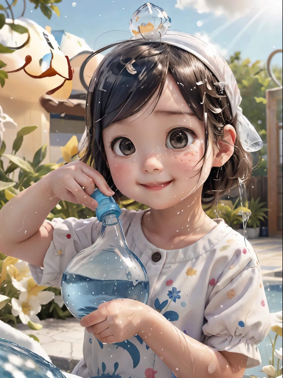 Mid summer、Girl pouring water from a plastic bottle on her head、water droplets、smile