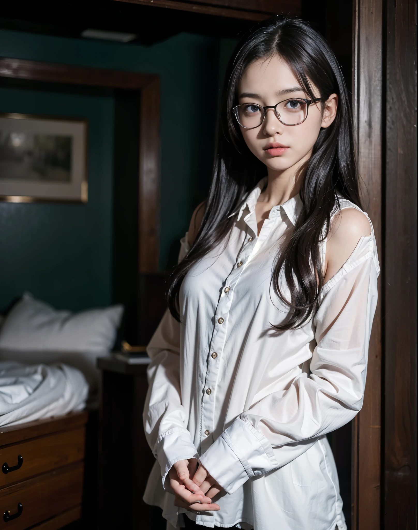 Ulchan-6500-v1.1, (Raw photo:1.2), (realistic:1.4), beautiful detailed girl, very detailed eyes and face, detailed and beautiful eyes, That's ridiculous, incredibly ridiculous, huge file size, Super detailed, High resolution, very detailed, highest quality, masterpiece, (casual clothes), very detailed, cg, unity, 8k wallpaper, wonderful, small details, masterpiece, highest quality, highly detailed cg uniform 8k wallpaper, face light, movie lighting, , 1 girl, (no panties), (with glasses), ((dynamic pose))