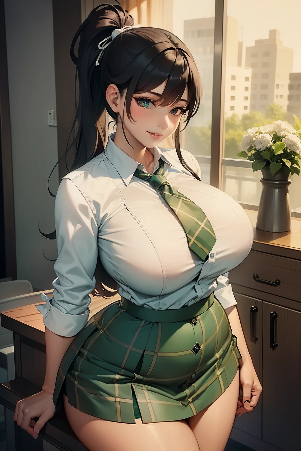 Best quality, solo mature woman, giant breasts, giant ass, very curvy, white skin, styled high ponytail, pear green eyes, full lips, seductive, sly smile, exposed white button up, loosen tie, pear green plaid skirt, ribbon in hair, thick thighs, curvy physique (MOIST SKIN) (BEAUTIFUL FACE)