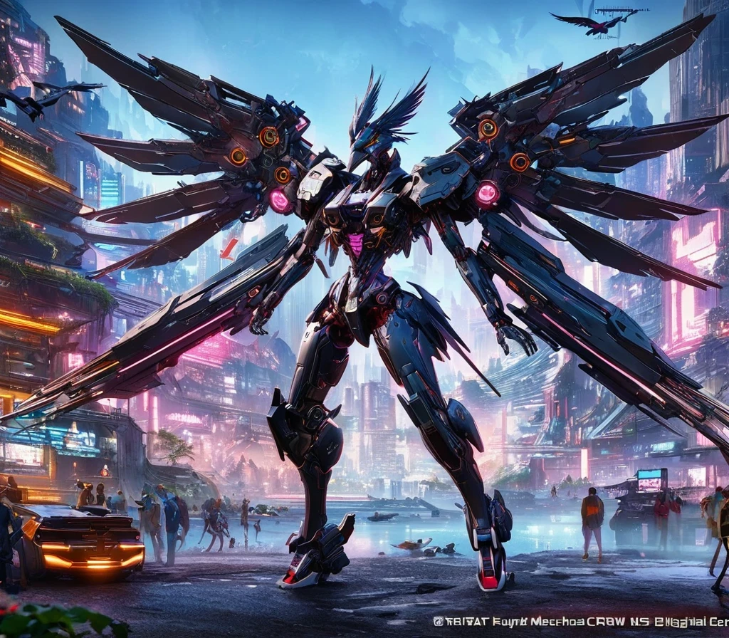 Flying metal mechanical crow,Futuristic metal crow,Mechanical crow,This crow is made entirely of small metal parts,Detailed mechanical wing,metal feather,Precise and complex design,Very fine texture,Shiny steel body,futuristic city background,Beautiful sci-fi art, science fiction figures art插画, Digital cyberpunk art, science fiction figures, futuristic digital, Futuristic concept art, In front of sci-fi cityscape, science fiction figures art, Advanced Digital Cyberpunk Art, Fantastic cyberpunk crow