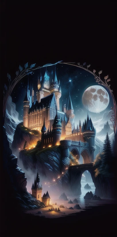 masterpiece. A castle poster with a full moon in the background, viewed from a cave, with a solid black background above and below. Detailed drawing inspired by gaston bussiere, shutterstock, fantasy art, magic castle, magic background, glowing castle. The art of Harry Potter, enhanced with detail. Very detailed magical fantasy, fantasy castle)). mystical, background hogwarts, hogwarts setting, magic castle school on the hill, fairytale painting, magical composition, night sceneInclude Tinker Bell in the sceneAdd some magical sparkles around Tinker BellHe’s known as the Boy Who Wouldn’t Grow Up and is characterized by his ability to fly and his refusal to grow up. Peter Pan spends his never-ending childhood adventuring on the mythical island of Neverland as the leader of the Lost Boys, interacting with fairies, pirates, mermaids, Native Americans, and occasionally ordinary children from the world outside Neverland1.