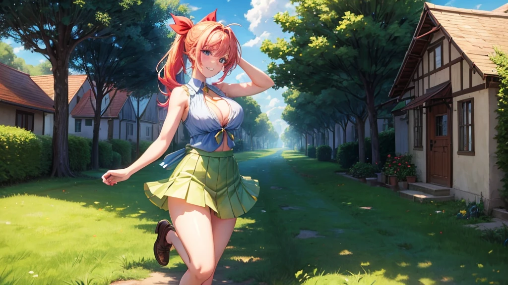 1girl, summer, village, trees, sun, clouds, ((colorful hair)), ponytail, large breasts, cleavage, sleeveless blue top, blue eyes, mini skirt, brown shoes, grin, looking at the viewer, standing, red, white and green hair ribbon, ((golden necklate))