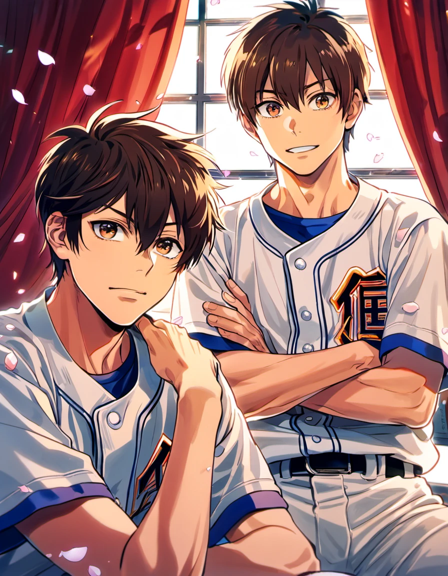 absurdres, highres, ultra detailed, HDR, master piece, best quality, Diamond no ace, Miyuki Kazuya together with Sawamura Eijun, gay couple, handsome, brown hair, medium-length brown hair messy and windswept, hair between the eyes, expressive brown eyes, window, red curtains, petals, seidou baseball uniform