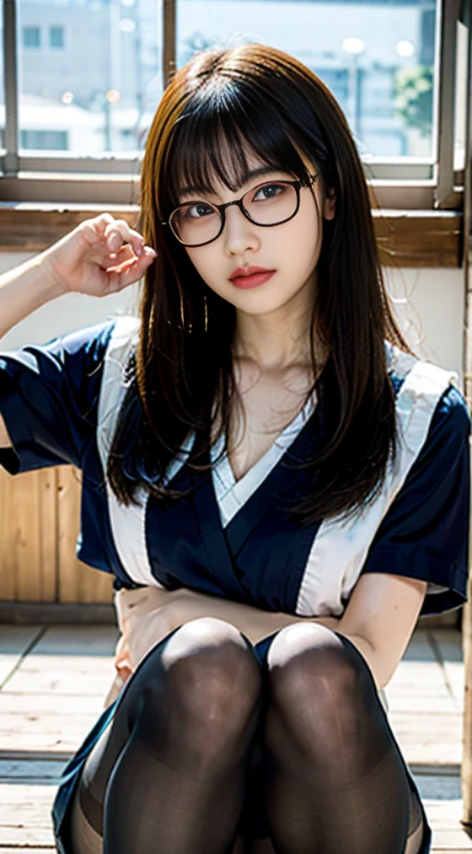 (yinchuan:1.5), close-up, masterpiece, best quality, raw photo, photorealistic, (((Small breasts: 2.0))), cleavage, beautiful face, soft smile, 20-year-old girl, light pink yukata, floral yukata, ((sits on a chair, beautiful legs visible)))), night, depth of field, high resolution, ultra detail, fine detail, highly detailed, highly detailed eyes and face, Sharp Pupils, Realistic Pupils,((Round Brown Glasses)), areola slip, Dark Blonde Very Short Hair,((Full body)), from below, Panty Shot, Mantilla, Dark pubic Hair, No Pantyhose, No Bra
